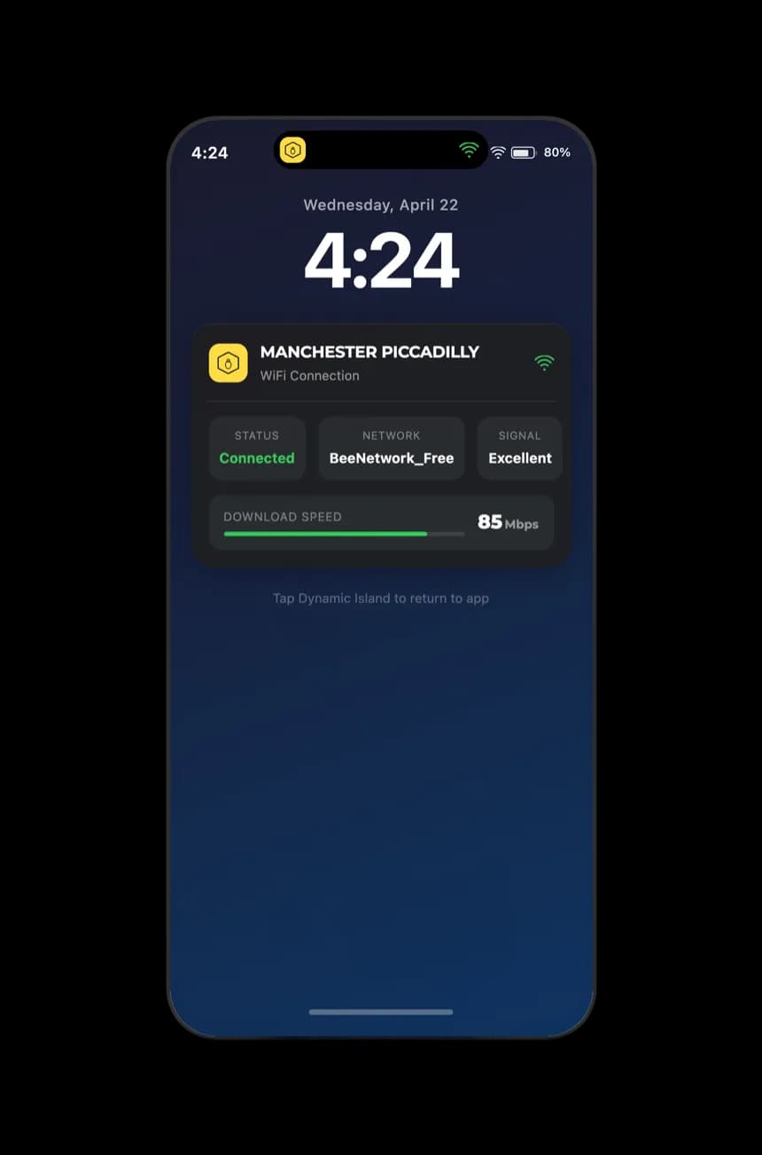 Dynamic Island lock screen showing live WiFi connection status