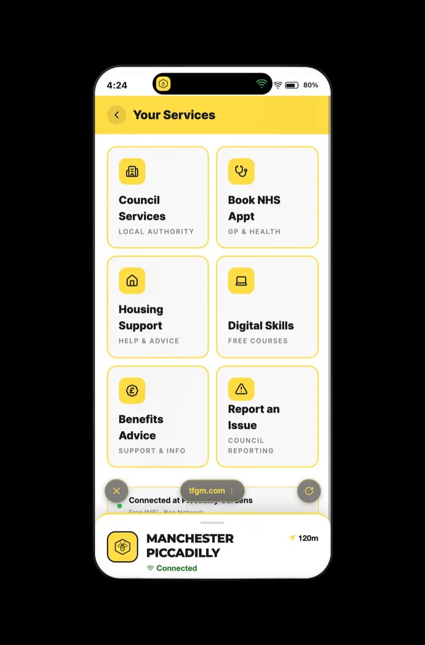 Your Services screen with council, NHS, housing, and benefits tiles