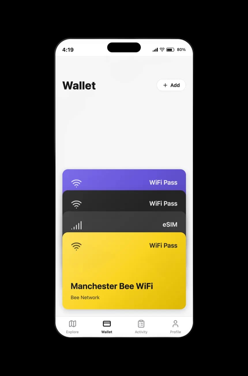 Wallet showing stacked WiFi Pass cards