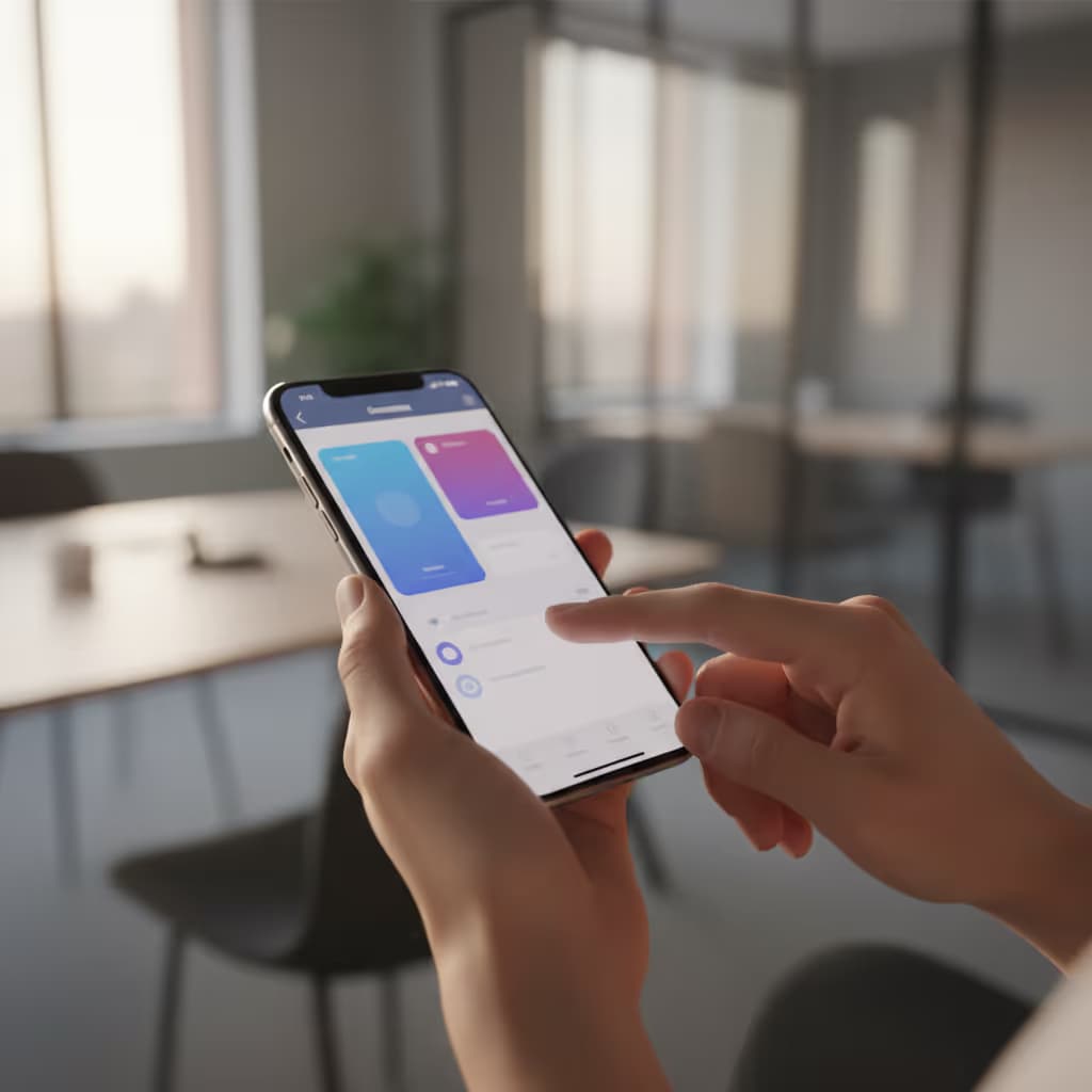 Close-up of user interacting with smartphone connected to Purple WiFi in Corporate Offices setting
