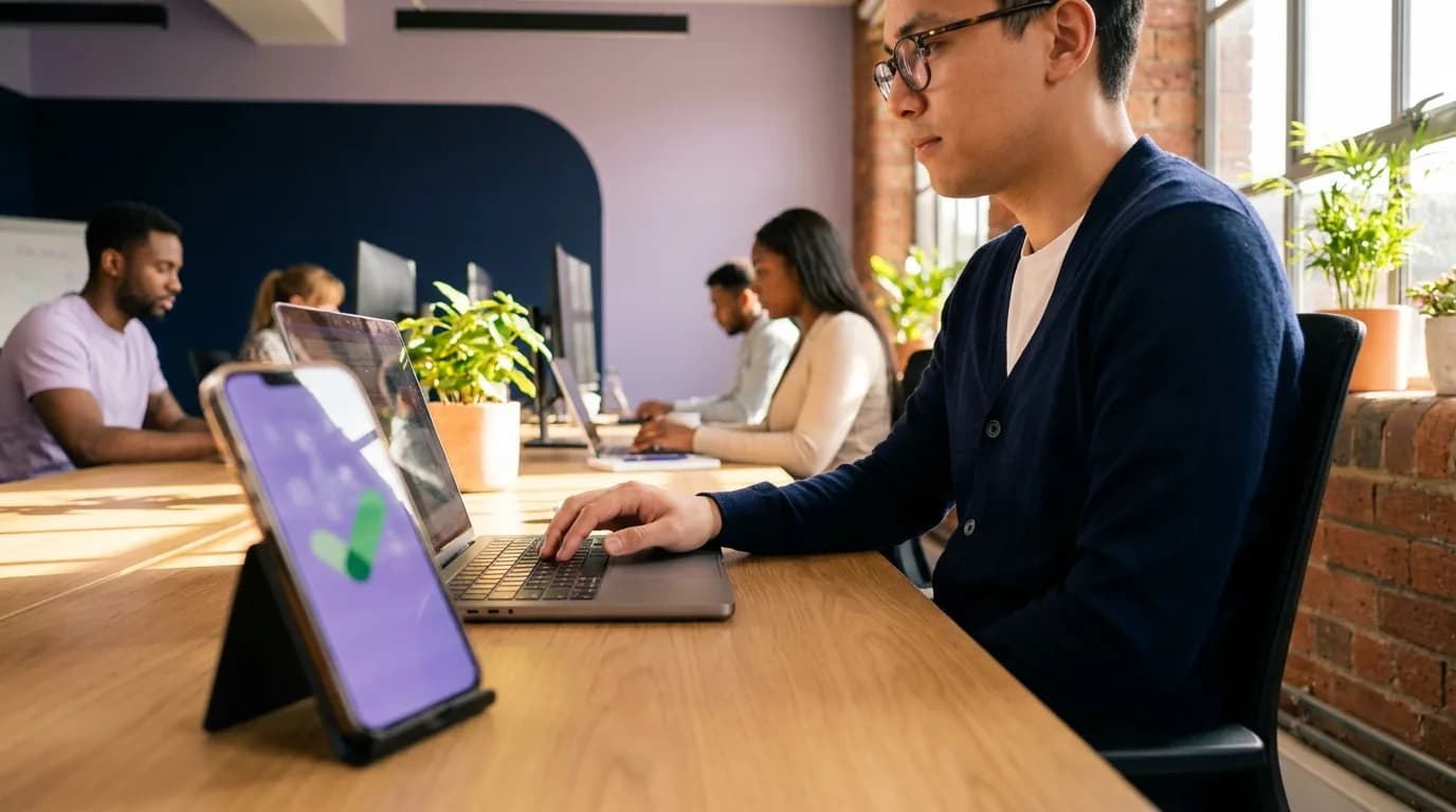 A member of staff connecting a laptop to the office WiFi as the Purple app confirms a sign-in with the company directory