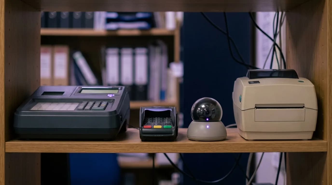 A retail back office with a till, card terminal, CCTV camera and label printer, each on its own WiFi key