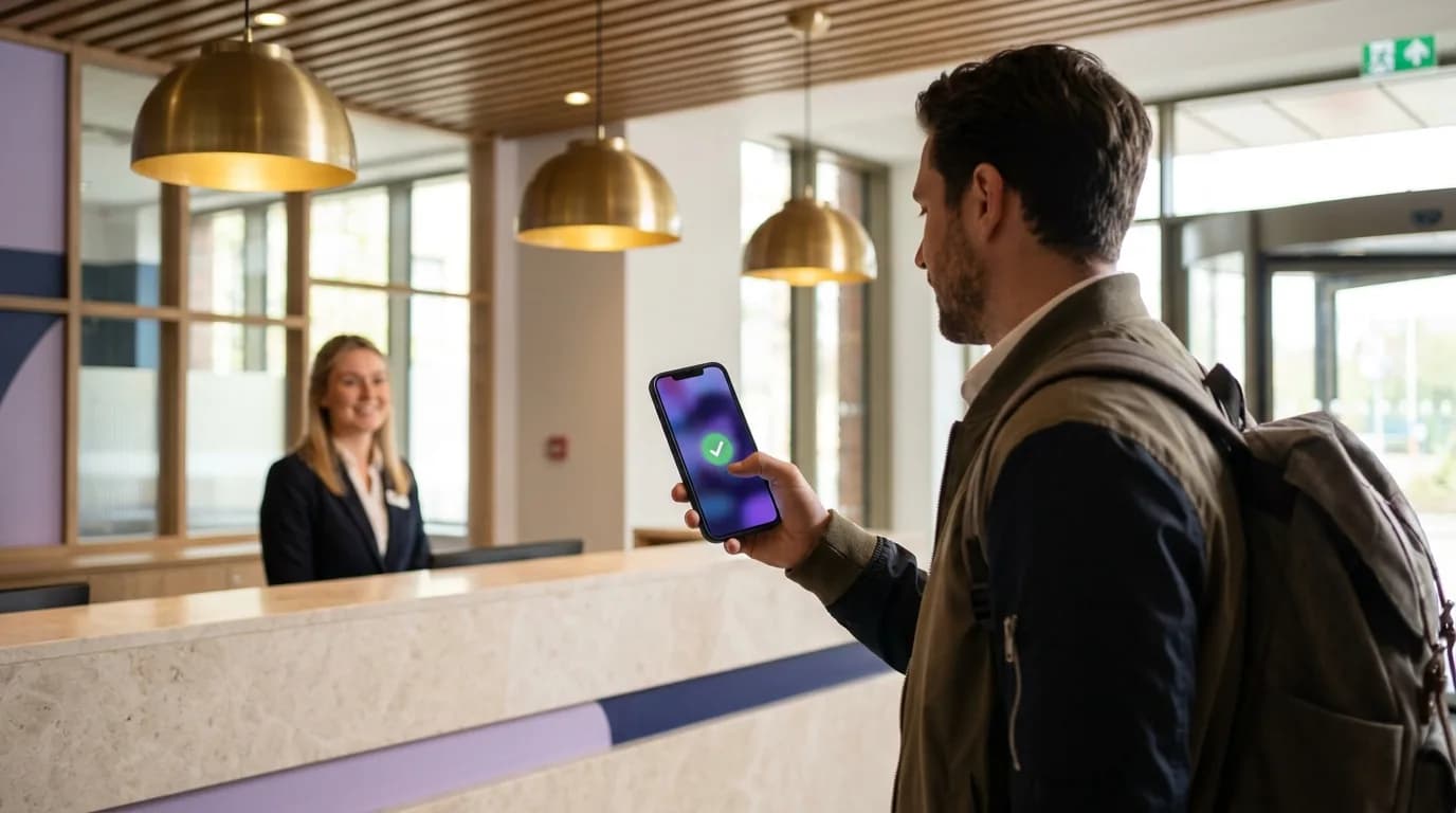 A visitor signing in to guest WiFi on a branded welcome page in a bright reception area