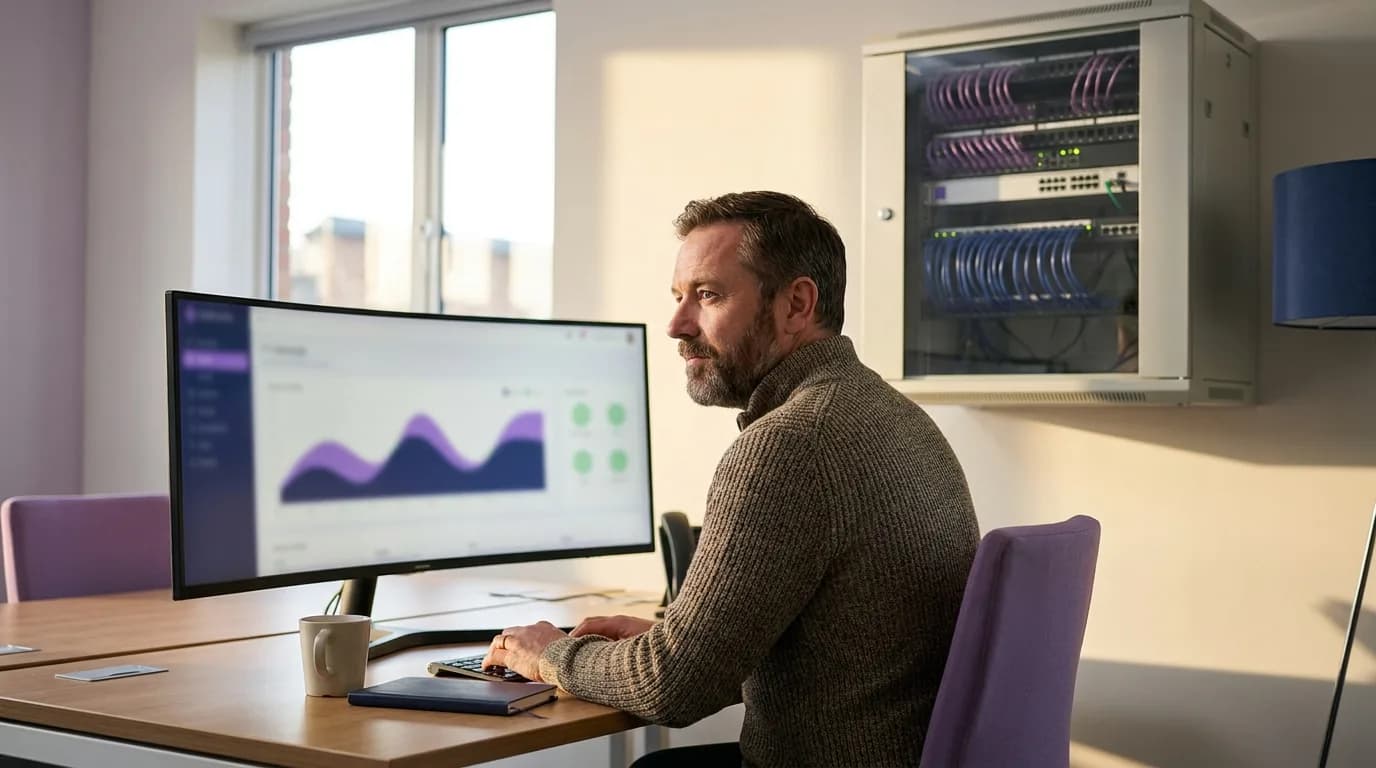 An IT manager checking an authentication dashboard in a quiet office, with a tidy network rack behind them
