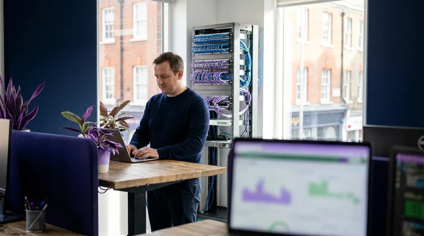 A network engineer reviewing WiFi sessions on a laptop in a tidy office, with a network rack behind them