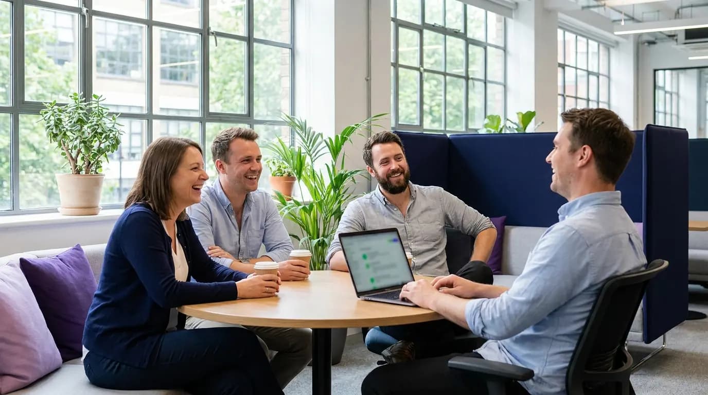 A relaxed IT team in an open-plan office, with an almost empty ticket queue on the screen
