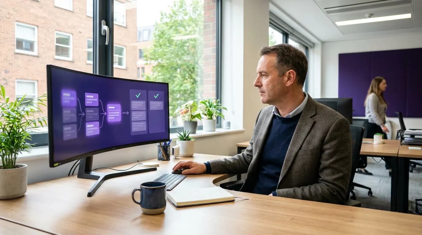 A CRM manager watching new WiFi contacts arrive in a sales pipeline on a large monitor