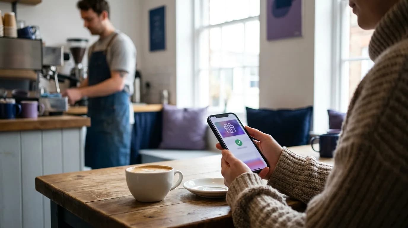 A café guest receiving a welcome-back offer on their phone as they connect to the WiFi