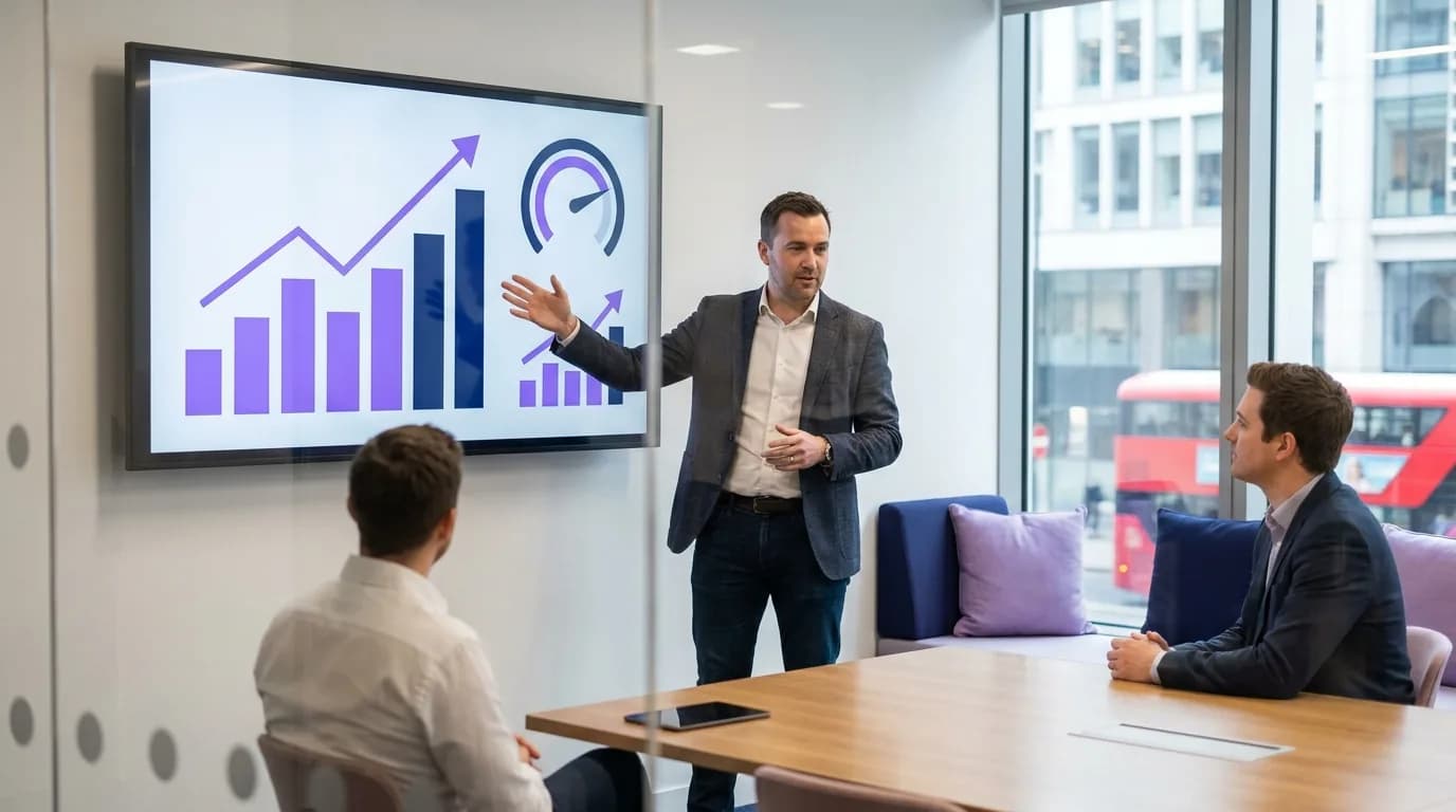 A marketing director presenting footfall and campaign return charts from guest WiFi to colleagues in a meeting room