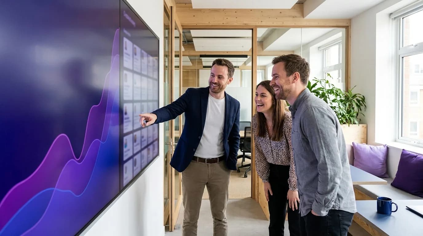 A marketing team reviewing a guest WiFi dashboard of new contacts and campaign results in a bright office