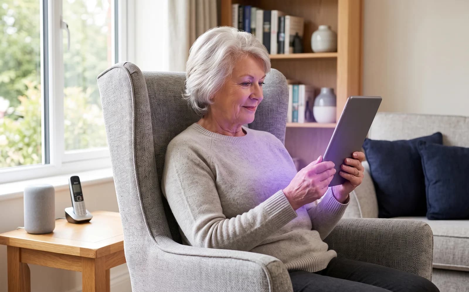 An older user in an armchair collecting their own WiFi key on a tablet, with a smart speaker and phone nearby