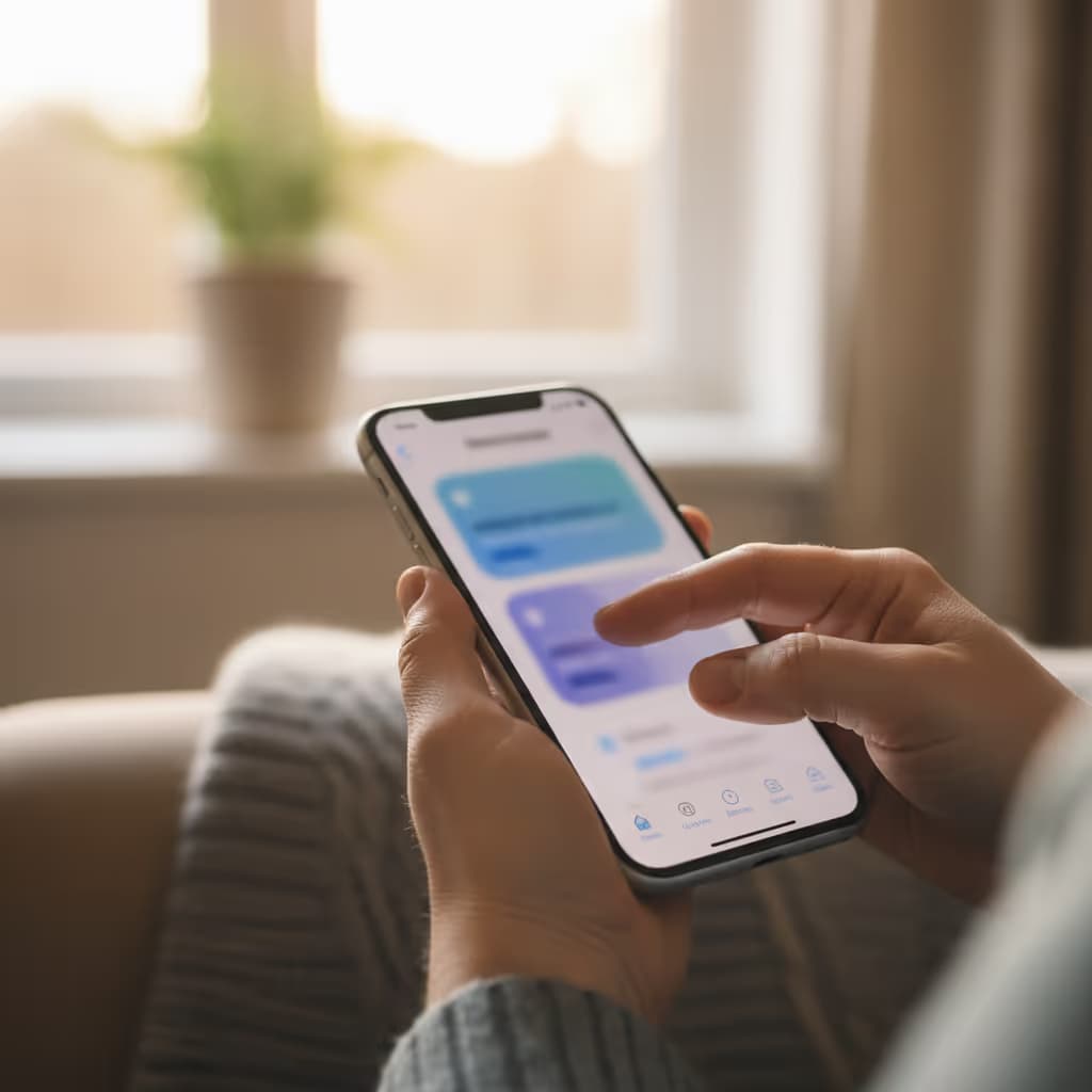 Close-up of user interacting with smartphone connected to Purple WiFi in Care Homes setting