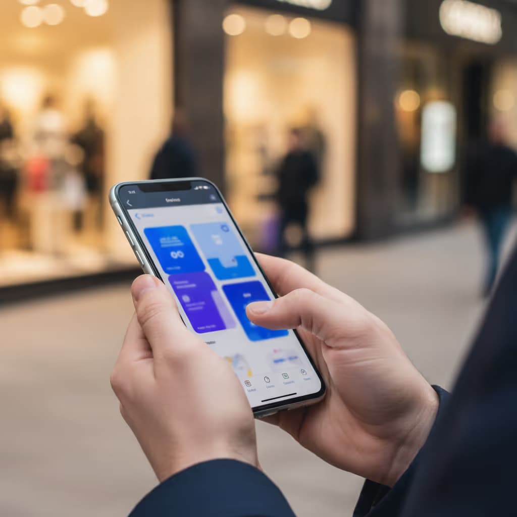 Close-up of user interacting with smartphone connected to Purple WiFi in High Street Retail setting