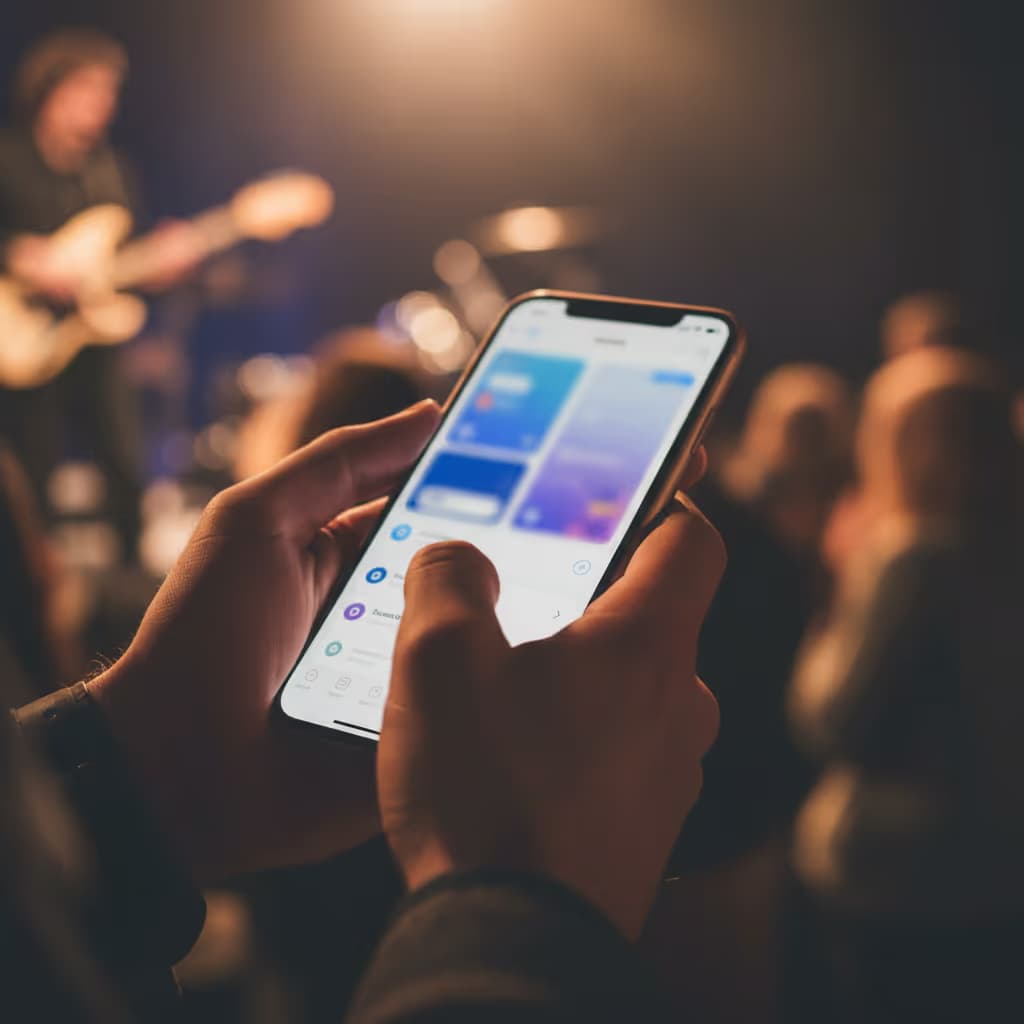 Close-up of user interacting with smartphone connected to Purple WiFi in Music Venues setting