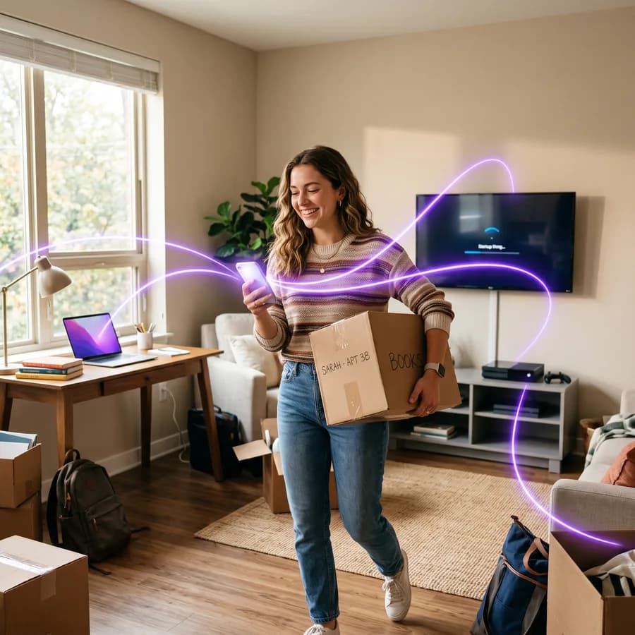 Resident on move-in day connecting her phone, laptop, TV and console to her own private network the moment she arrives