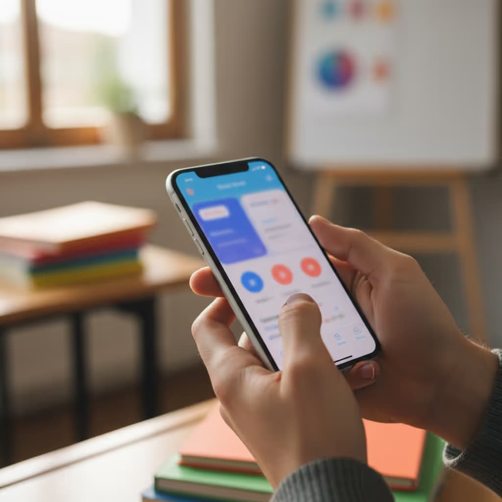 Close-up of user interacting with smartphone connected to Purple WiFi in Schools setting