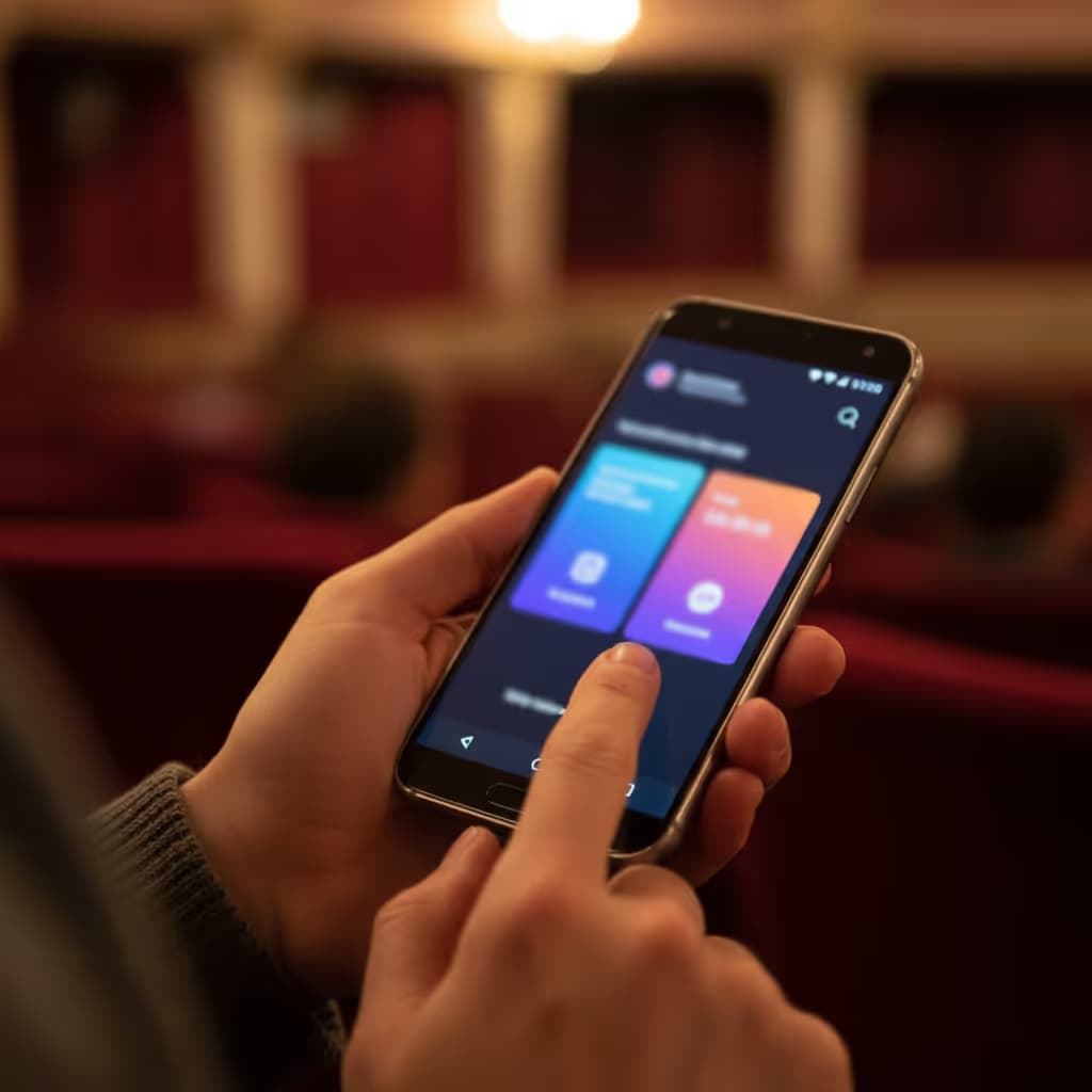 Close-up of user interacting with smartphone connected to Purple WiFi in Theatres setting