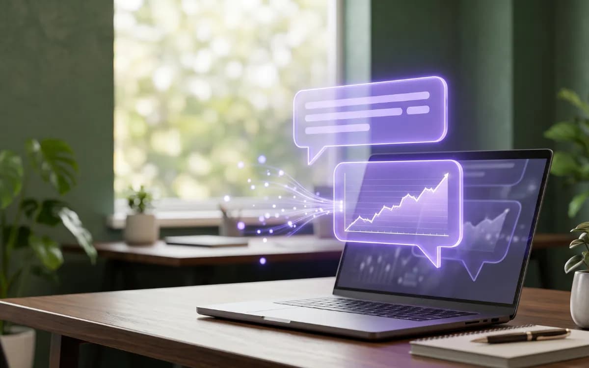 Laptop with floating chat bubbles and analytics chart representing AI-powered data analysis