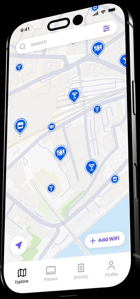 The Purple app showing nearby WiFi venues on a map