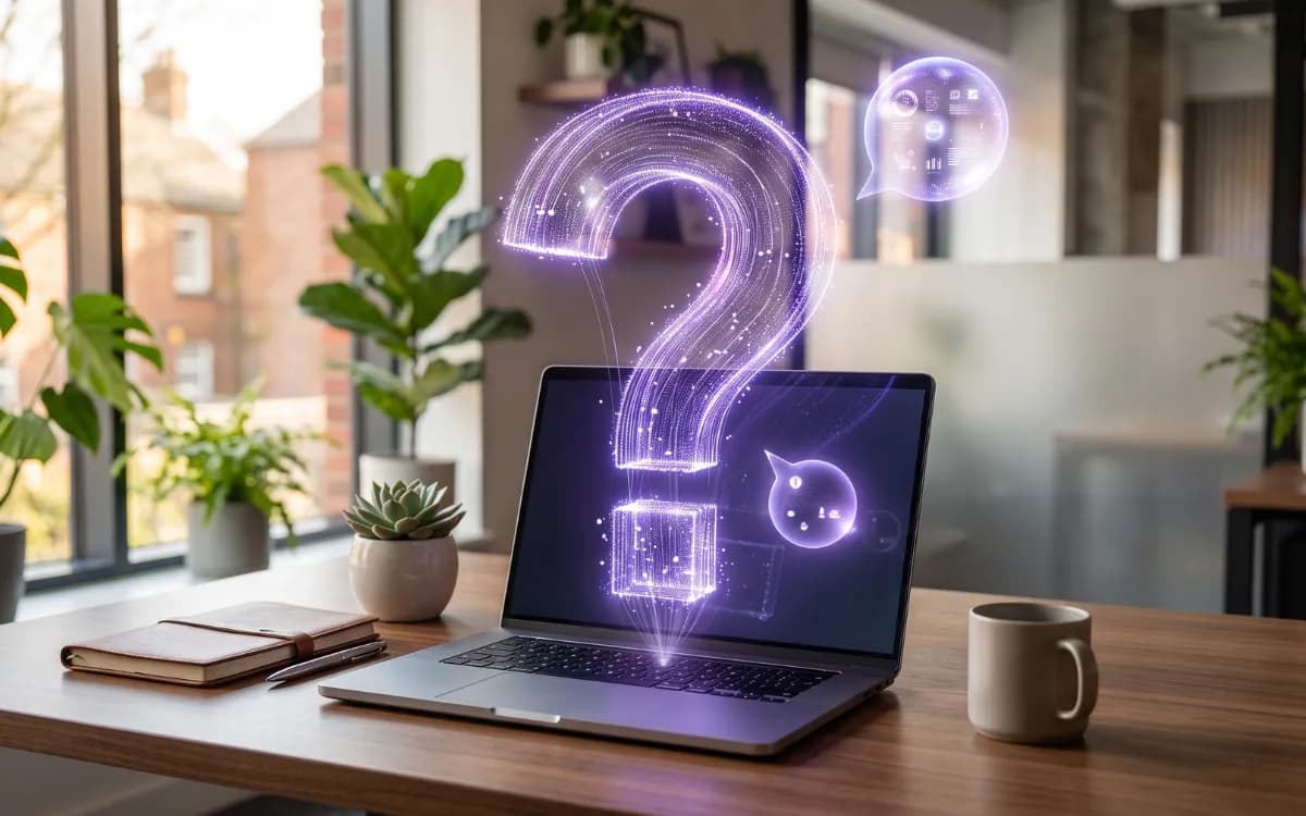 Laptop with a glowing purple question mark representing asking questions of your venue data