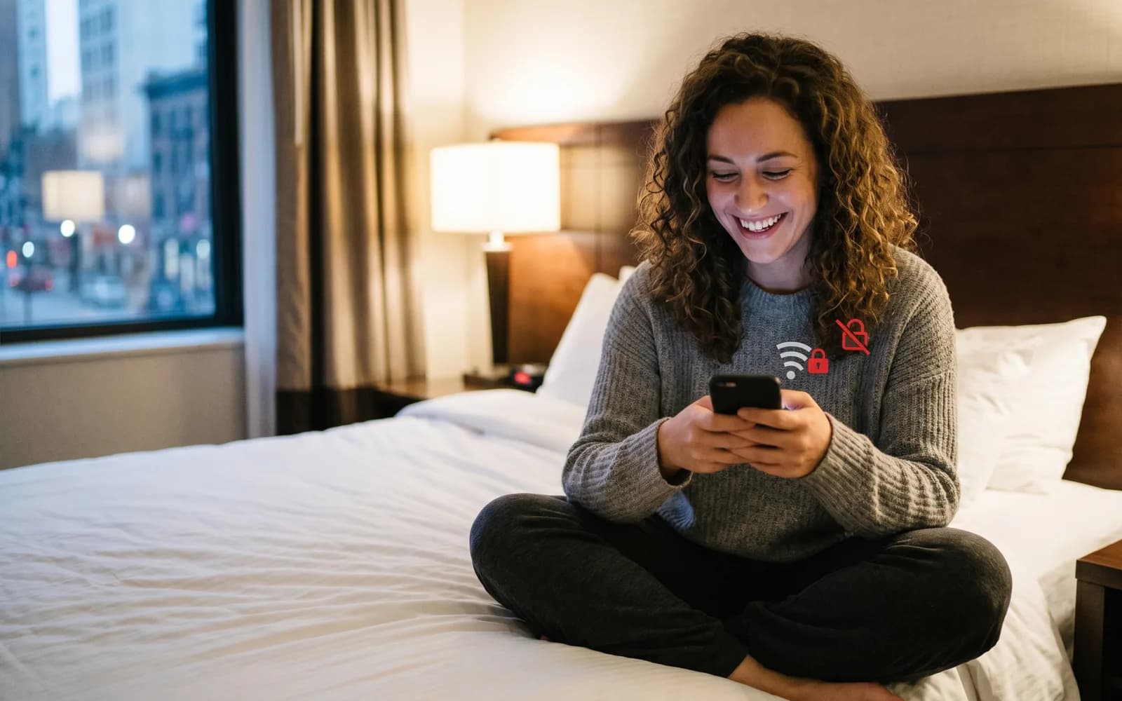 Woman on her phone in a hotel room, unaware of a public WiFi security threat