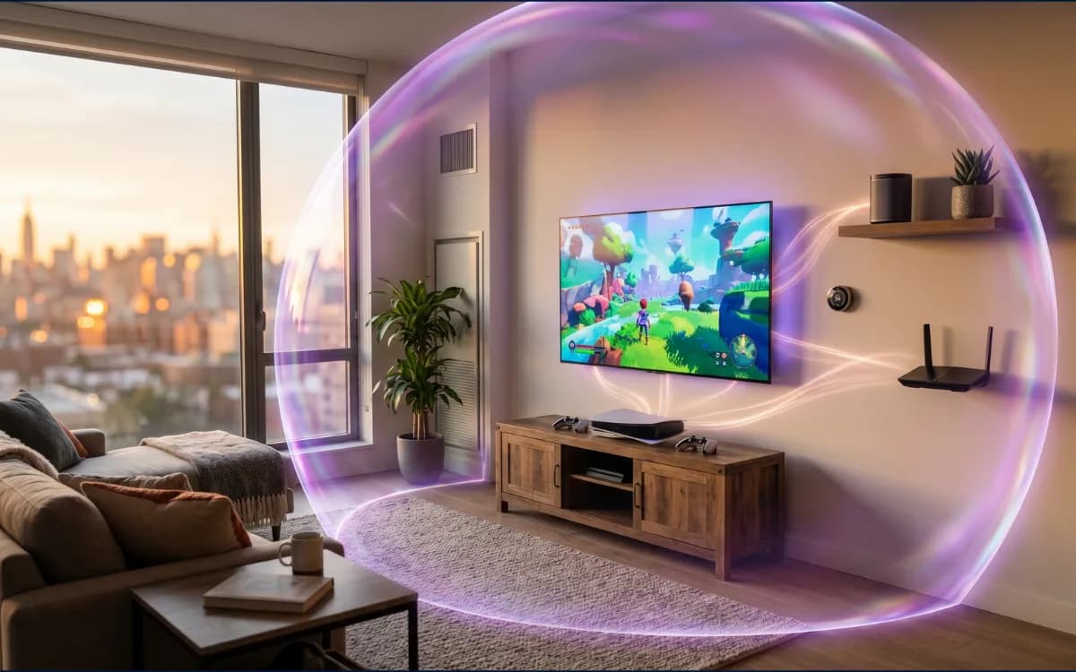 Gaming console and smart TV in a residential apartment surrounded by a secure WiFi bubble, illustrating iPSK device onboarding on Cisco