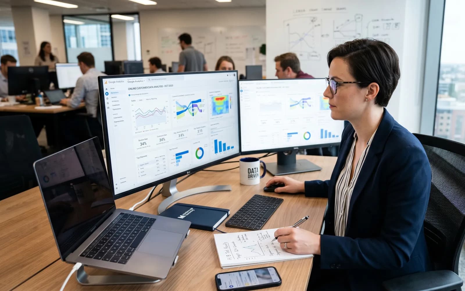 Marketing analyst reviewing customer data dashboards on dual monitors in an office, illustrating first-party data from guest WiFi