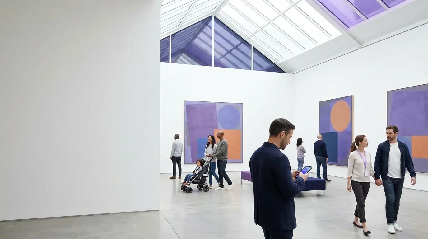 Visitantes recorriendo una galería luminosa de techos altos con pinturas abstractas colgadas
