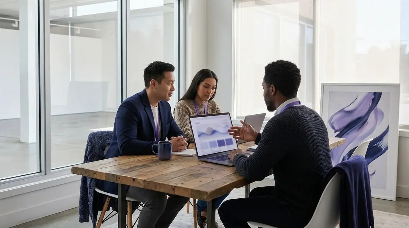 El equipo de marketing y membresía de una galería revisando datos de la audiencia en un ordenador portátil en una oficina tranquila