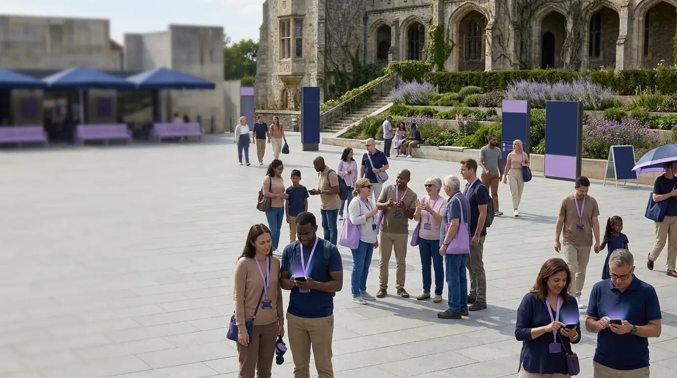 Familles et groupes d'amis arrivant dans une attraction touristique animée, certains tenant des téléphones