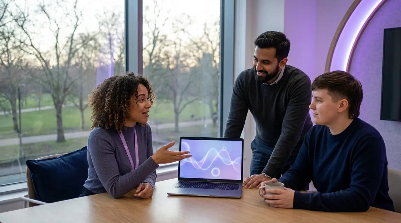 L'équipe marketing d'une attraction examine les données des visiteurs sur un tableau de bord dans un bureau calme avec vue sur le site