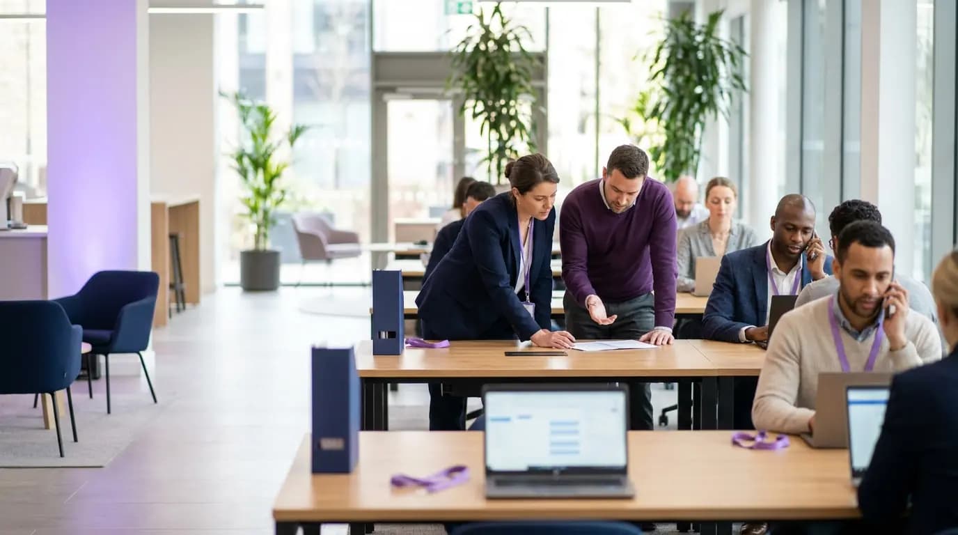 Dipendenti pubblici che lavorano su laptop e parlano in un ufficio governativo open-space luminoso e moderno