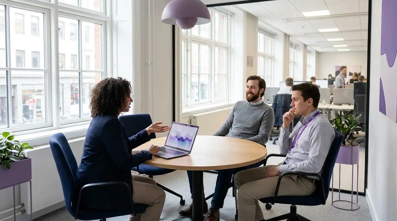 Un team IT e di sicurezza dipartimentale che esamina una dashboard di rete in un ufficio moderno