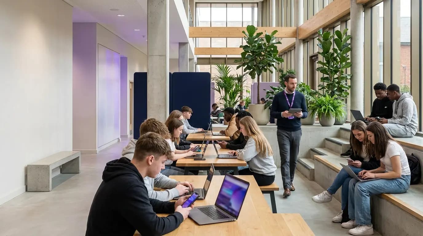 Studierende und eine Lehrkraft arbeiten an Laptops und Telefonen in einem hellen College-Atrium
