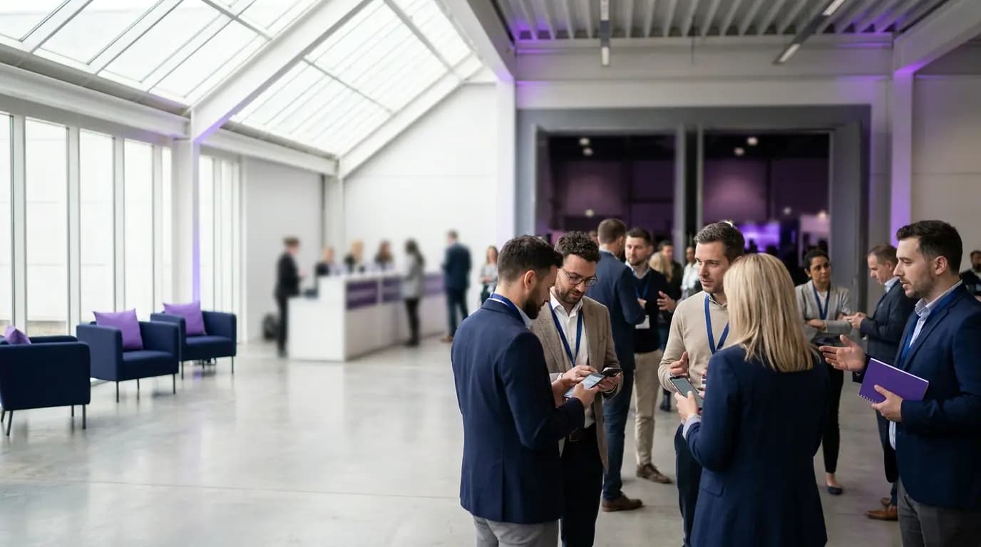 Delegados com credenciais em networking e a consultar os telemóveis no átrio luminoso de um pavilhão de exposições