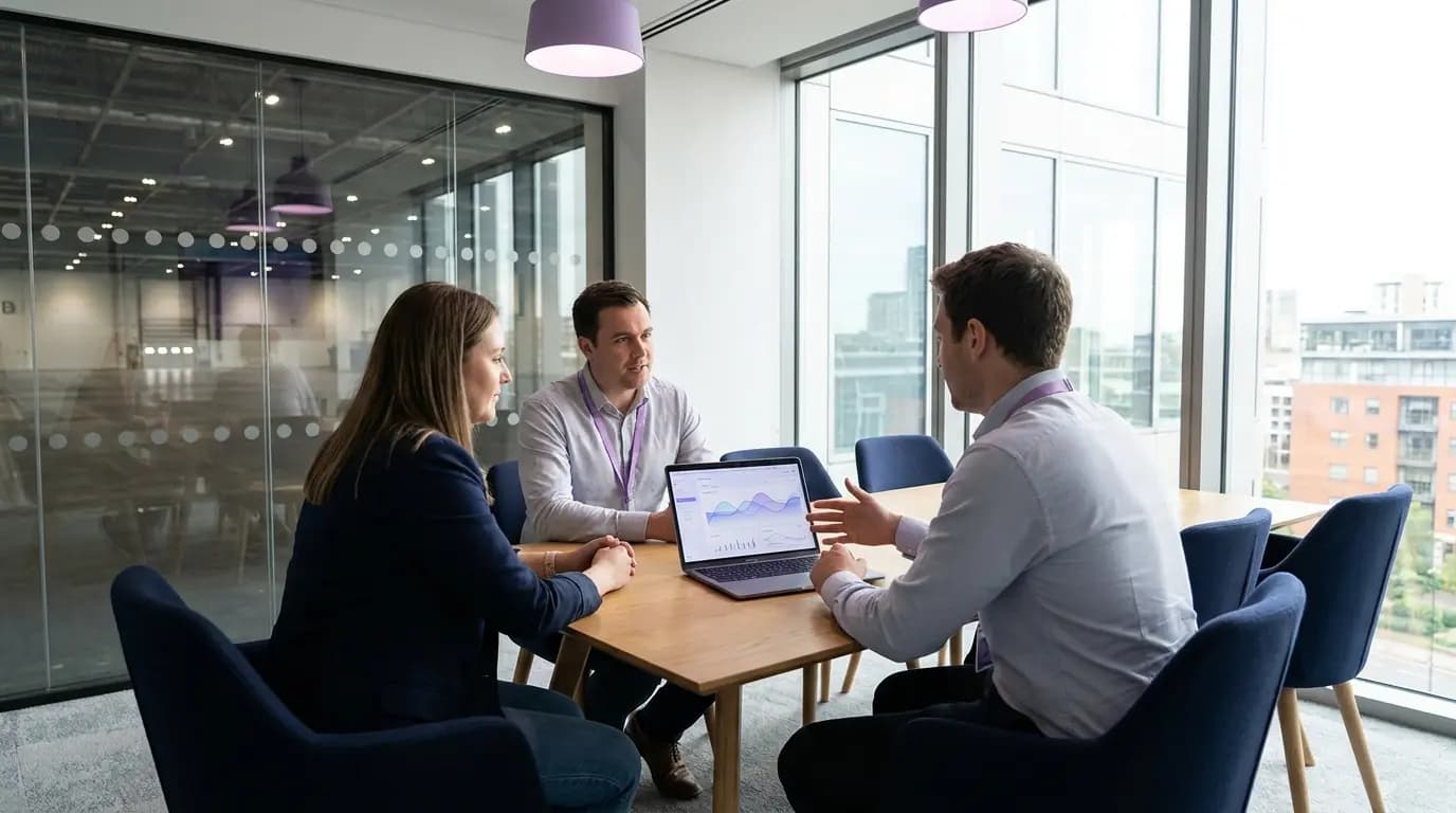 Uma equipa comercial de um espaço a analisar um painel de controlo de eventos numa sala de conferências tranquila