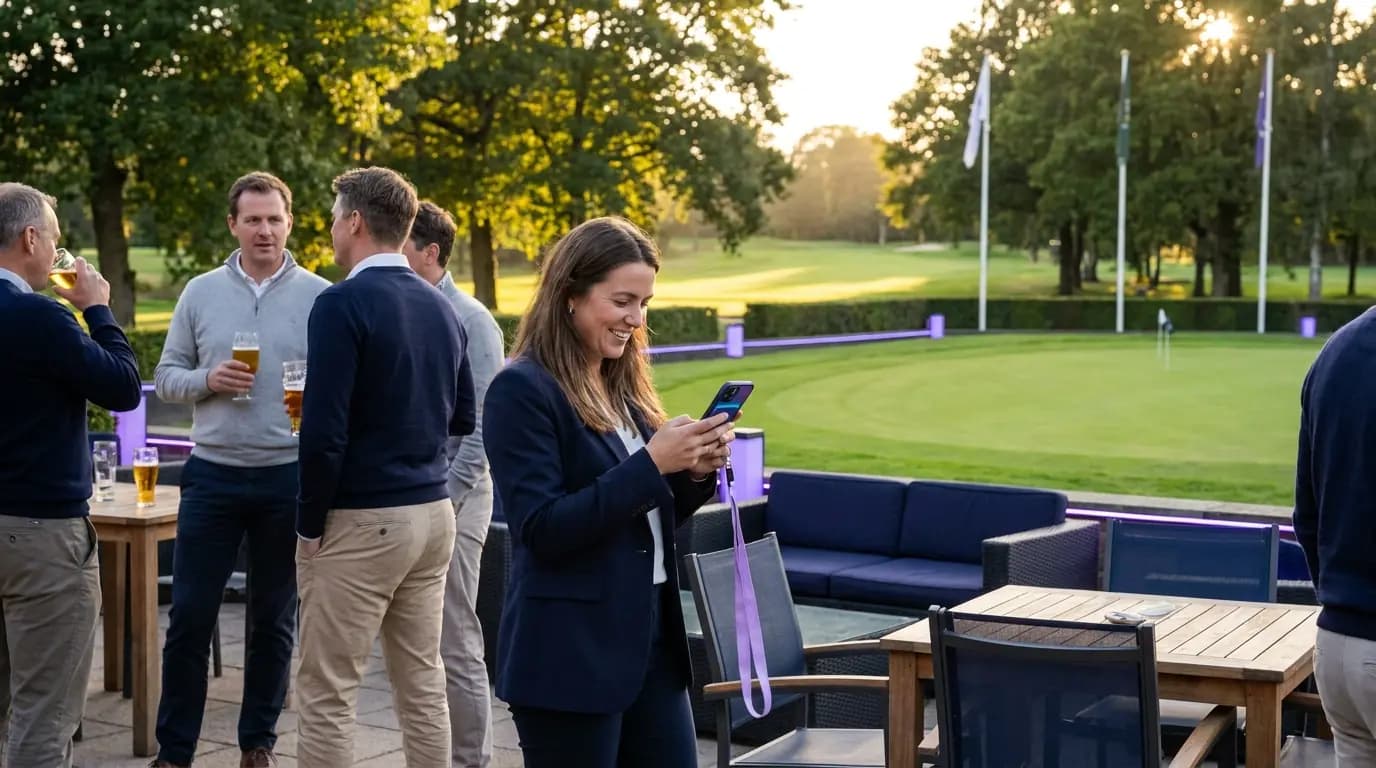 Members and guests relaxing on a clubhouse terrace overlooking the 18th green, one checking a phone