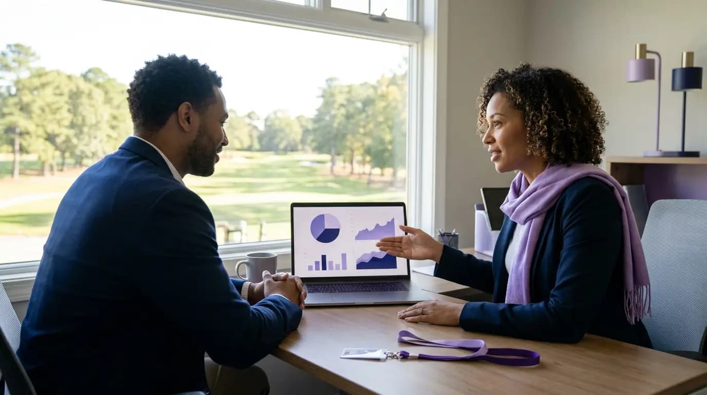 A club general manager and membership secretary reviewing a member dashboard in a quiet clubhouse office