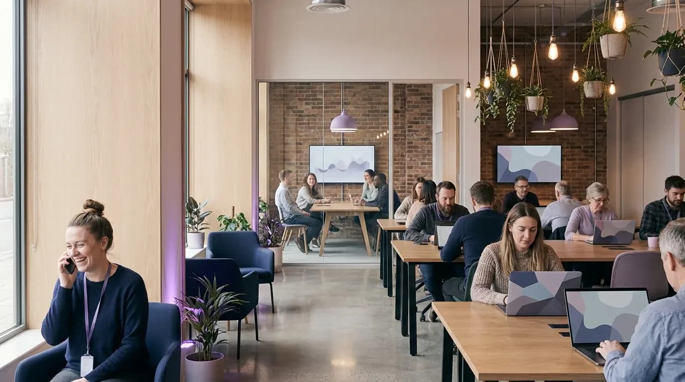 Mitglieder arbeiten an Laptops an Shared Desks und in einem Besprechungsraum mit Glaswänden in einem hellen Coworking-Space