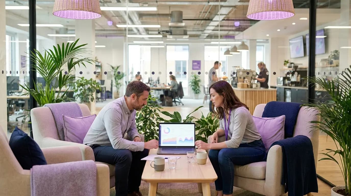 Ein Coworking-Community-Manager und ein Betriebsleiter überprüfen ein Netzwerk-Dashboard in einer ruhigen Lounge
