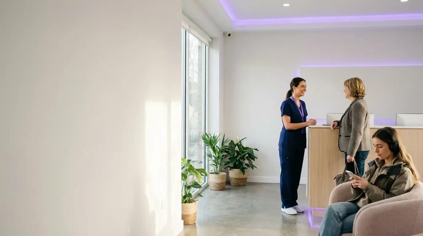 A dental nurse greeting a patient at a bright practice reception while another patient waits with a phone
