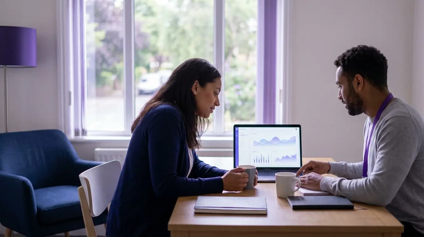 A practice manager and a group IT lead reviewing a network dashboard in a calm practice office