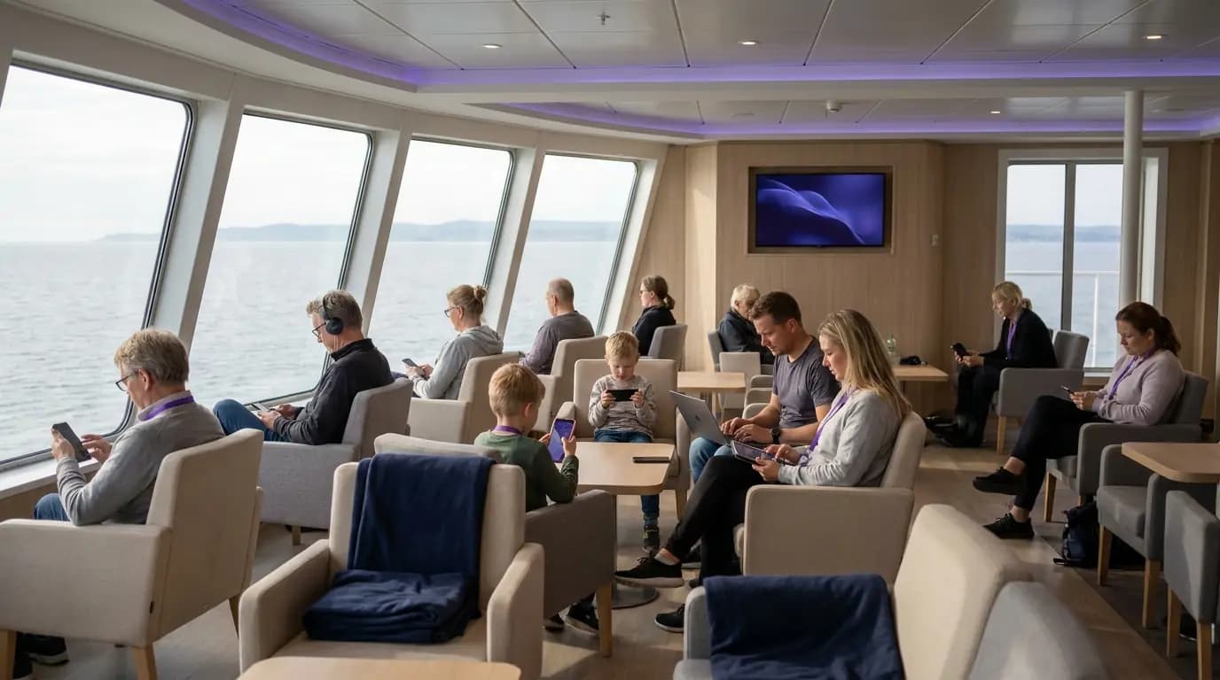 Pasajeros usando teléfonos y tabletas en el luminoso salón de un ferry, con el mar visible a través de grandes ventanales