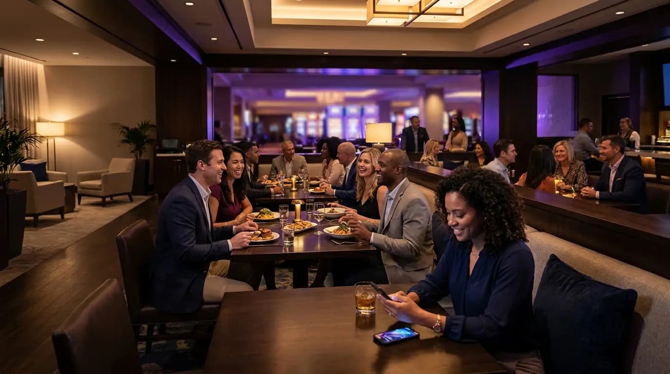 Erwachsene Gäste unterhalten sich beim Abendessen und Getränken an der Bar und im Restaurant eines modernen Casinos