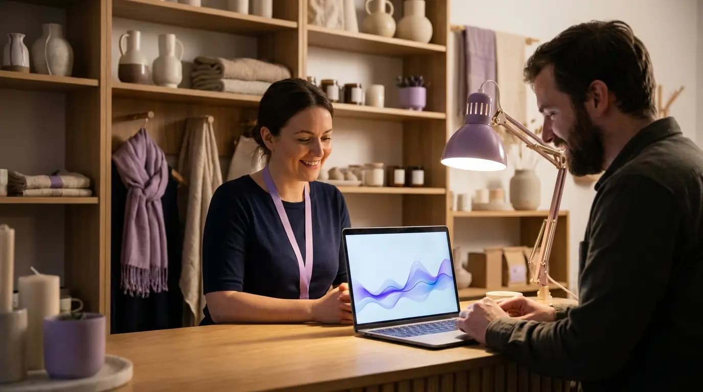 Une propriétaire de commerce et son responsable marketing examinant un tableau de bord des acheteurs sur un ordinateur portable dans leur boutique après la fermeture