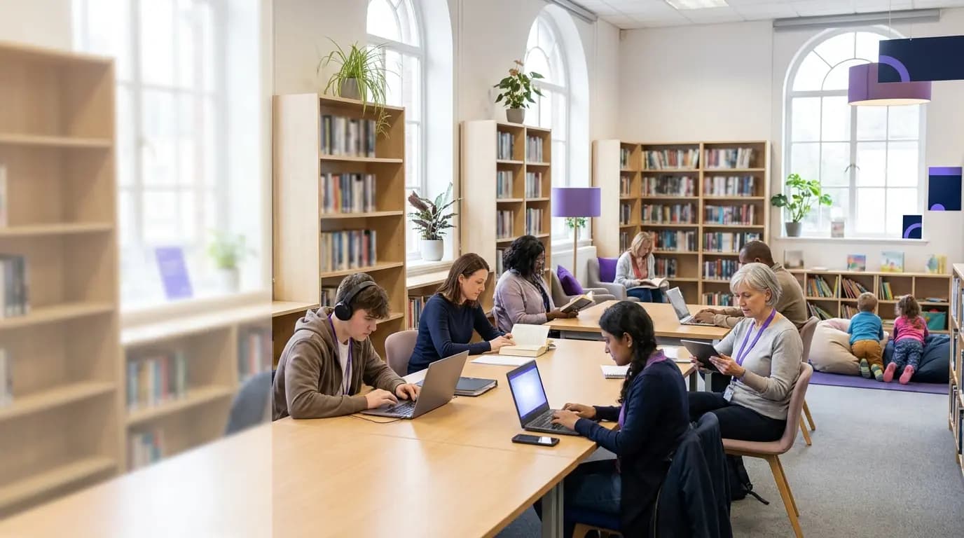 Erwachsene lesen und arbeiten an Laptops und Telefonen an langen Tischen in einer hellen öffentlichen Bibliothek