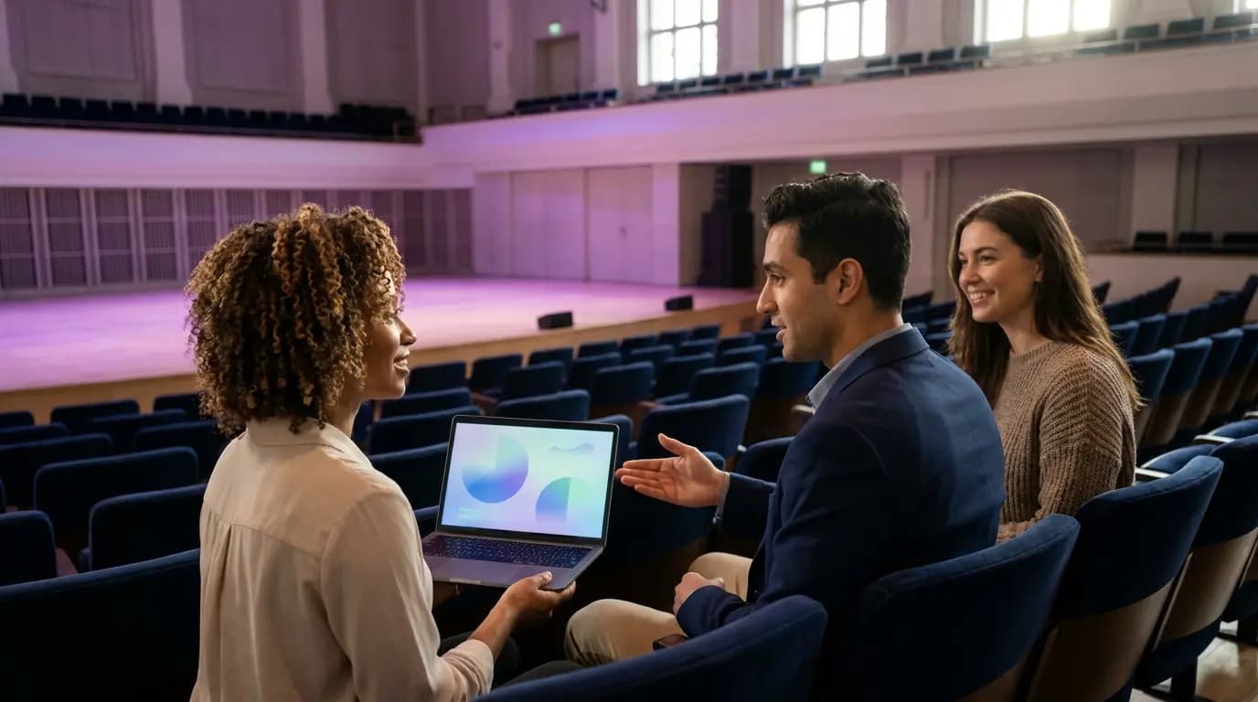 Ein Marketingteam eines Veranstaltungsortes überprüft ein übersichtliches Dashboard in einem leeren Saal vor dem Einlass