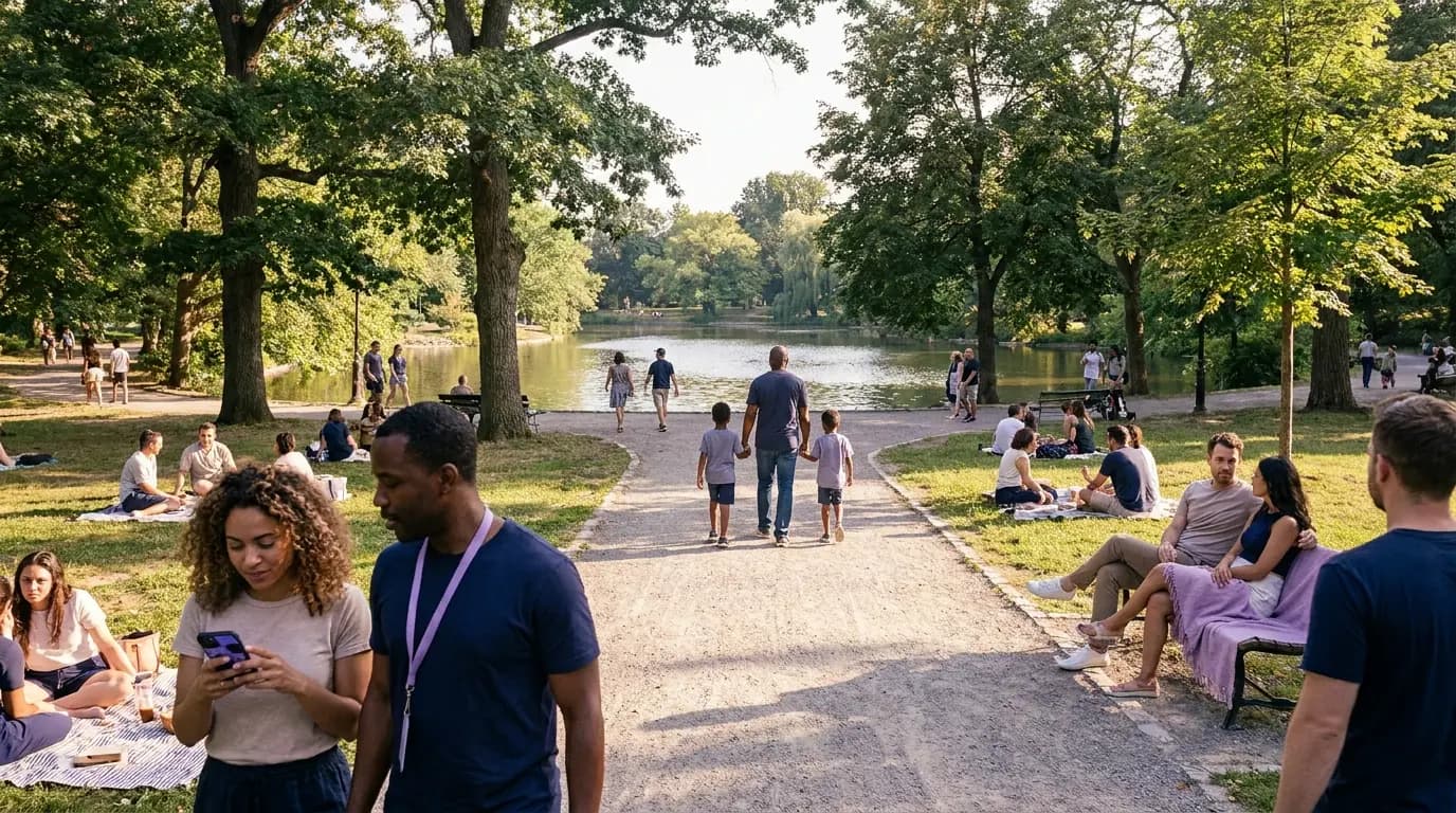 Famiglie e amici che si rilassano sull'erba in un affollato parco cittadino in un pomeriggio di sole