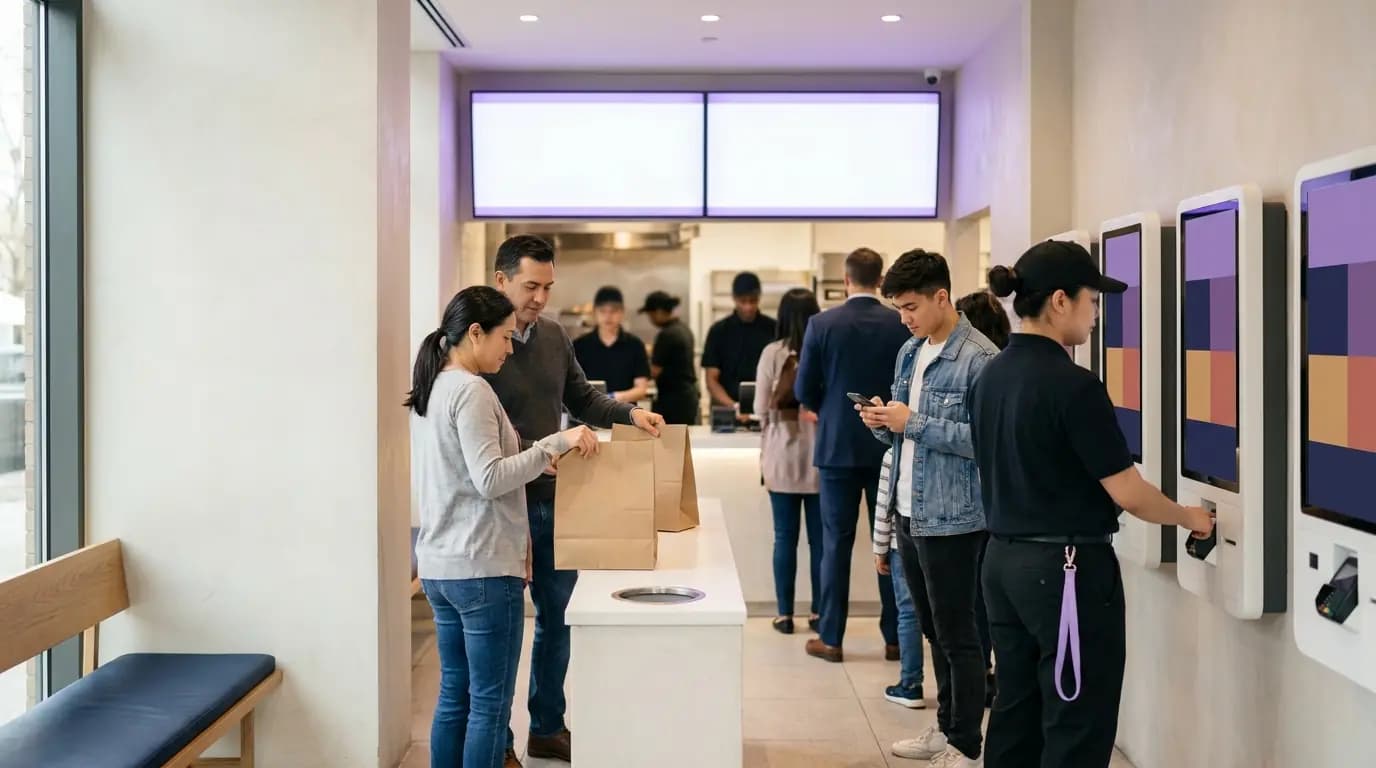 在繁忙的速食餐廳櫃檯前,顧客正在排隊並取餐,其中一人正在看手機