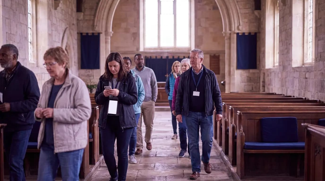 Visitors of different ages walking quietly through a bright, high-ceilinged place of worship, one glancing at a phone